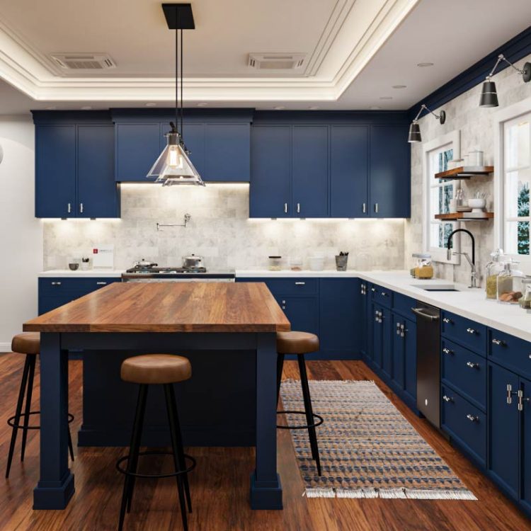 petit blue shaker cabinet kitchen
